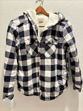 Boston Traders Sherpa-Lined Hooded Flannel Shacket Plaid Sherpa-Lined Hooded
